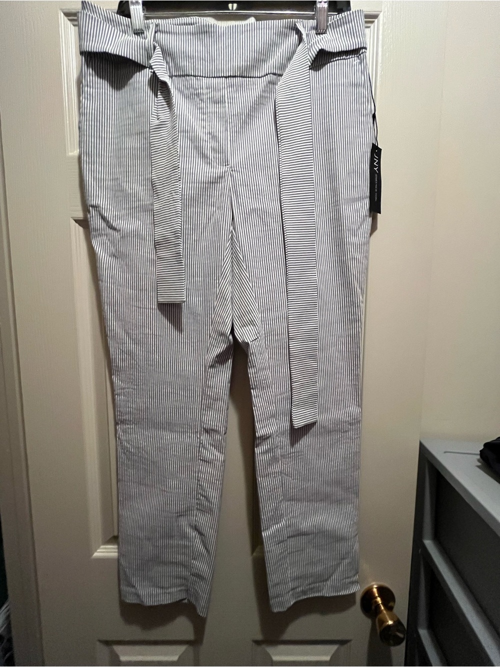 JNY Jones New York Women’s Blue/White Striped Flat Front Tie Belt Dress Pants L